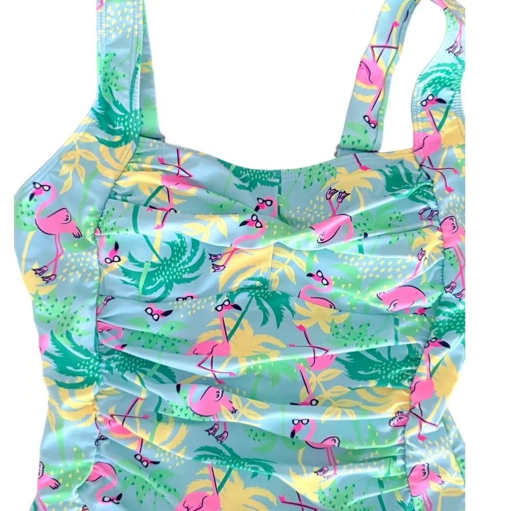 Berkley Jensen Womens Flamingo‎ Palm Tree One Piece Ruched Swimsuit Blue Size M
